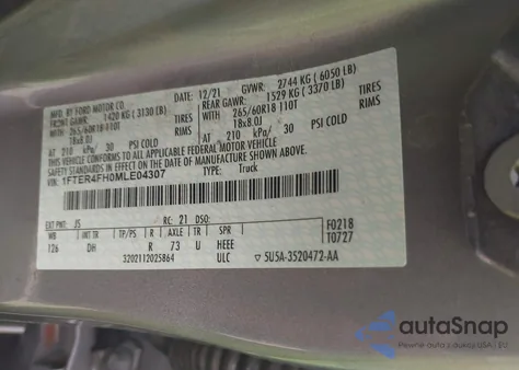 2021 Ford Ranger Lariat из США, поврежденный, VIN 1FTER4FH0MLE04307